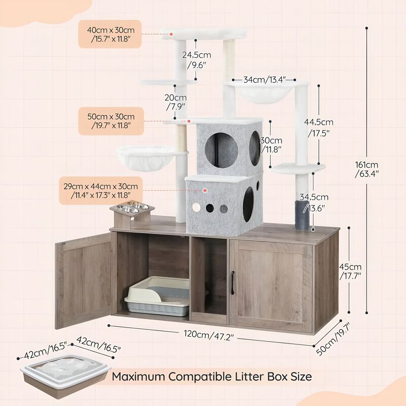 Multi-Level Cat Tree with Dual Litter Box Storage and Play Platforms-Greige image number 2