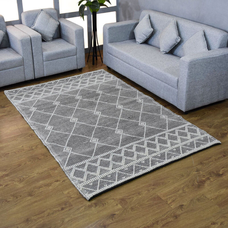 RUGSOTIC CARPETS HAND WOVEN FLAT WEAVE KILIM WOOL & COTTON ECO-FRIENDLY AREA RUGS  - 5'x7'6'', Rectangle Shape, Black Color, Contemporary Modern Design, Low Pile  Handmade Area Rugs (DWC001)