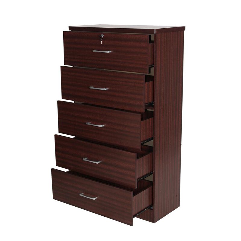 Better Home Products Olivia Wooden Tall 5 Drawer Chest Bedroom Dresser Mahogany