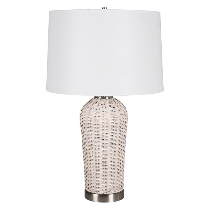25 Inch Table Lamp, Rattan Woven, White Linen Shade, Brushed Silver Accents - Benzara