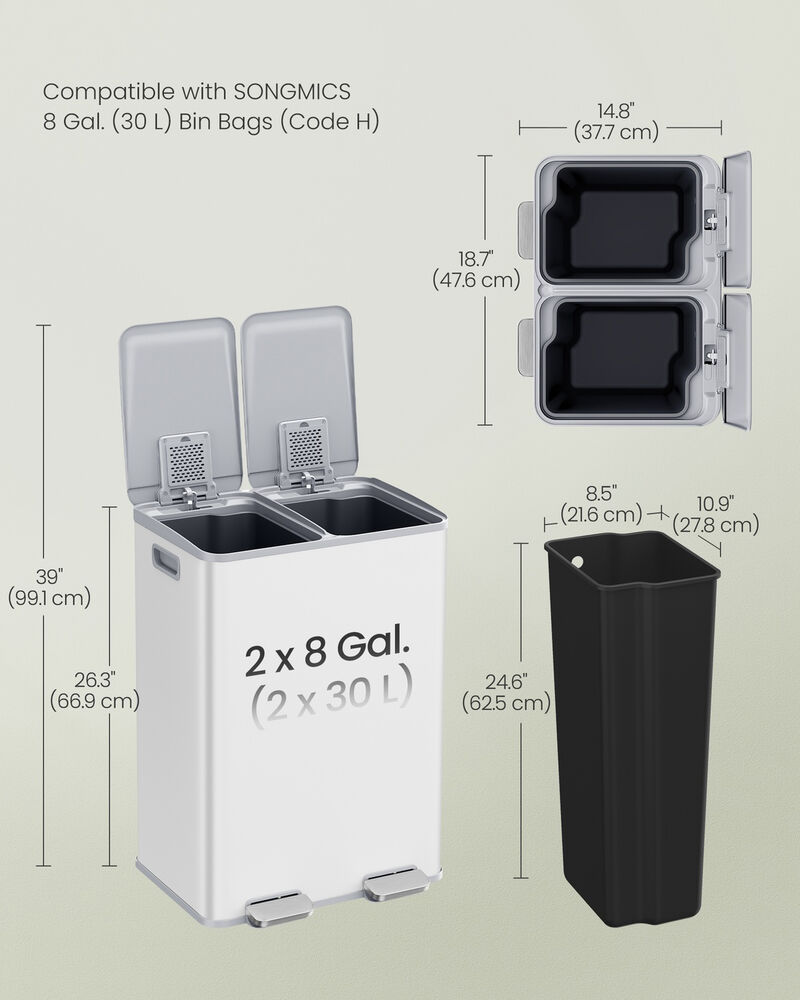 2 x 8 Gallon Dual Trash Can Soft Close Pedal Removable Buckets image number 4