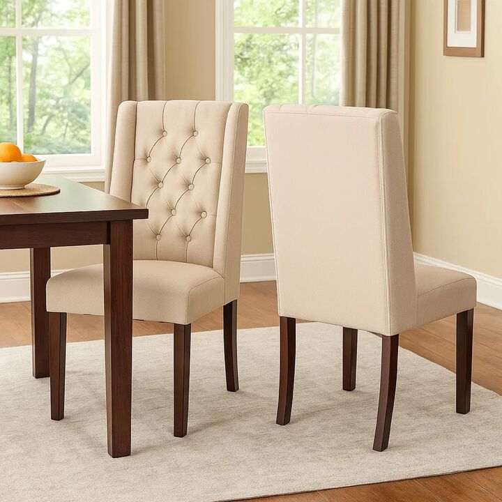 Nathan Dining Chair Set of 2, Dark Brown Wood, Tufted Wingback
