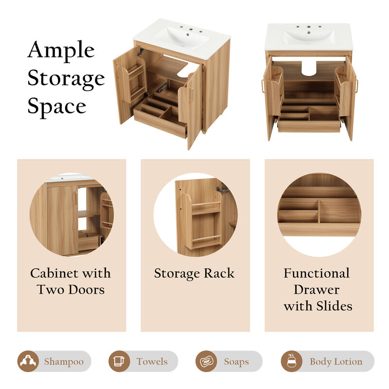 Whisen 30" Bathroom Storage Cabinet Bathroom Vanity with Ceramic Sink, Adjustable Shelf and Drawer