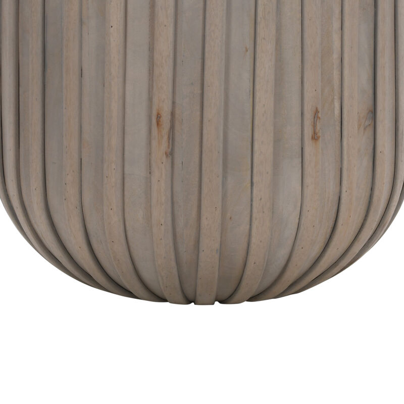 Alisha 25 Inch Side End Table, Handcrafted Mango Wood Drum Shape with Ribbed Edges, Gray
