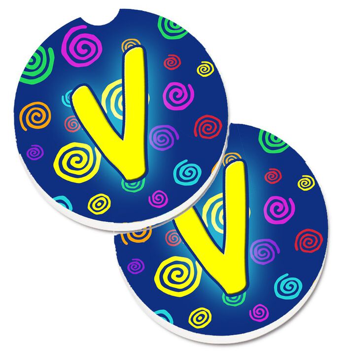 Caroline's Treasures Letter V Initial Monogram - Blue Swirls Set of 2 Cup Holder Car Coasters CJ1011-VCARC, 2.56, Multicolor