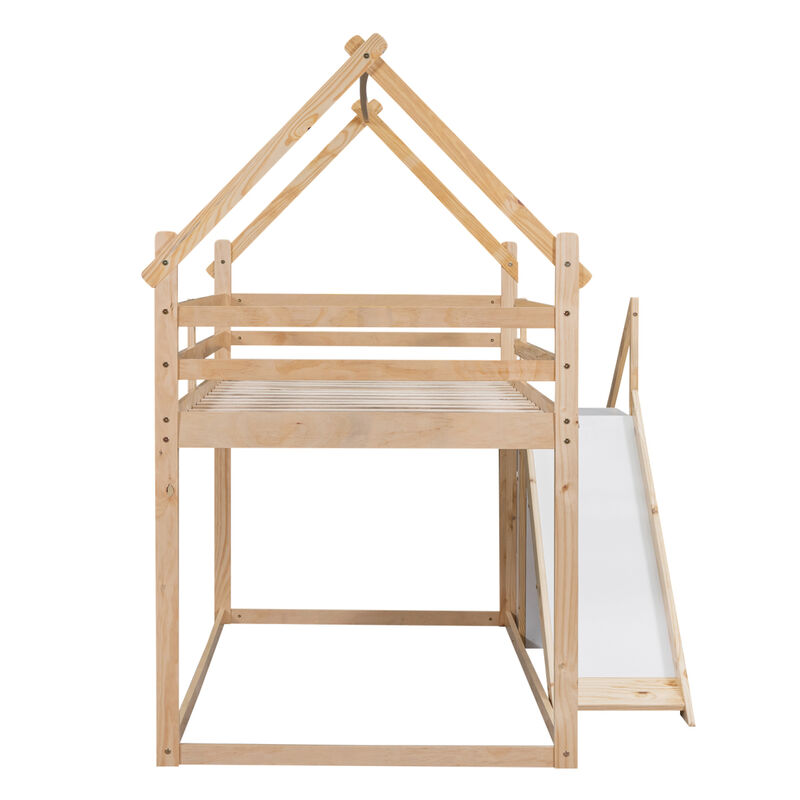 Twin Over Twin House Loft Or Bunk Bed With Slide And Staircase, Natural