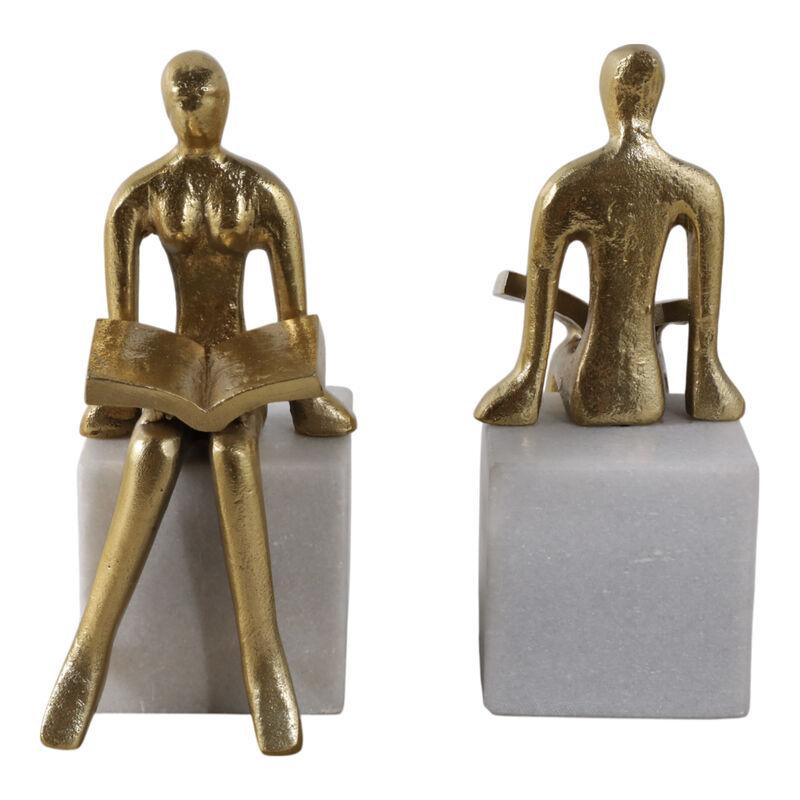 S/2 8" Reading On Marble Stand Bookends, Gold/whit image number 4