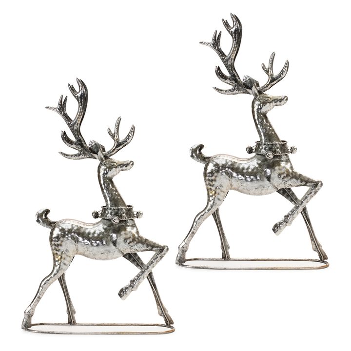 Set of 2 Hammered Metal Reindeer for Holiday Shelf, Table, or Mantel Decor