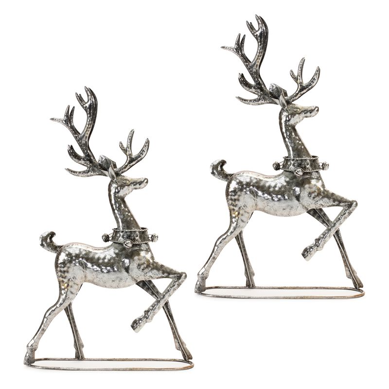 Set of 2 Hammered Metal Reindeer for Holiday Shelf, Table, or Mantel Decor