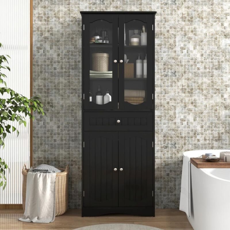 Hivvago Tall Bathroom Storage Cabinet with 2 Glass Doors and Adjustable Shelves Drawer