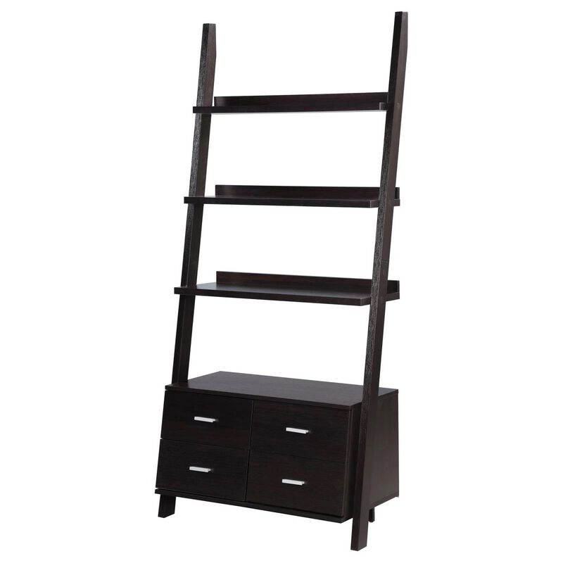 Quirky Ladder Bookcase With 4 Storage Drawers And Open Shelves, Cappuccino
