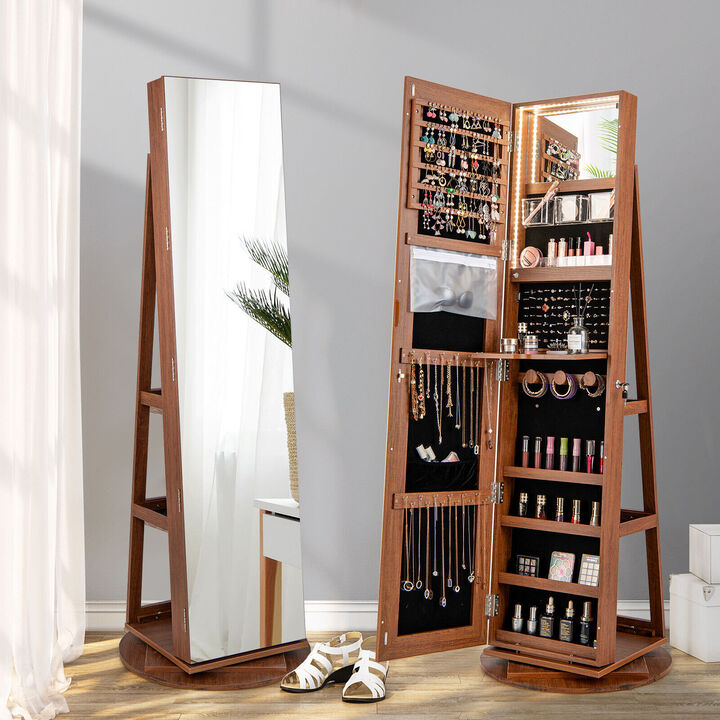 360&deg; Rotating Mirrored Jewelry Cabinet with 3 LED Modes, Lockable Storage Armoire