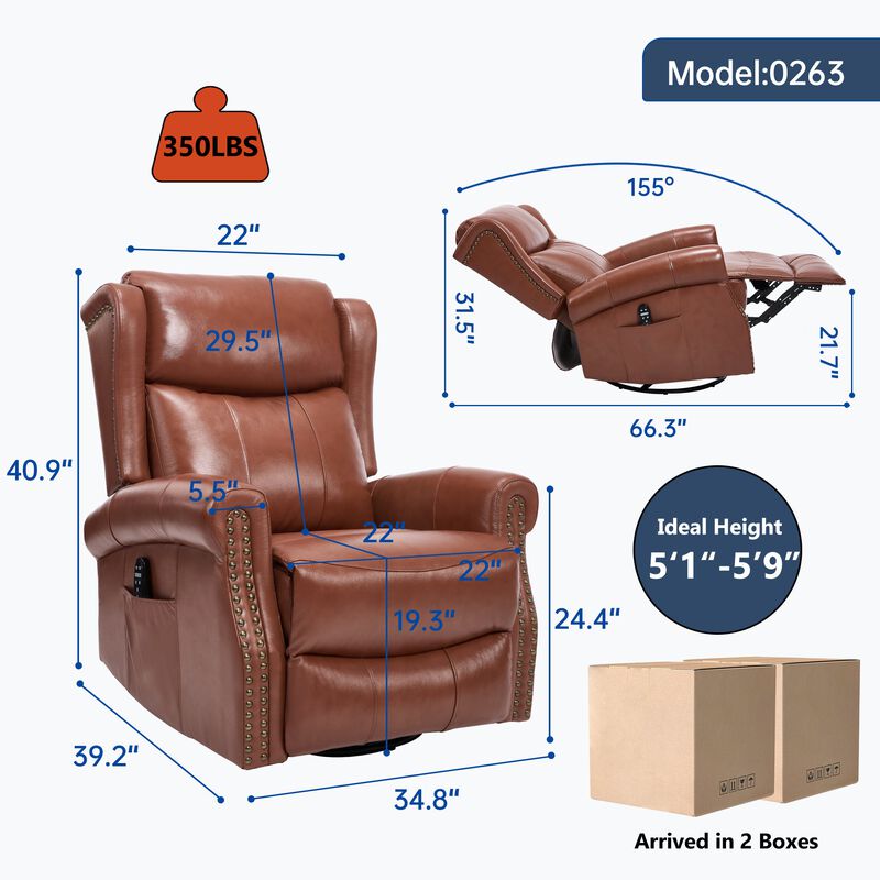 Genuine leather Heat Massage Manual Recliner Chair with Rocker and Swivel for Living Room image number 2