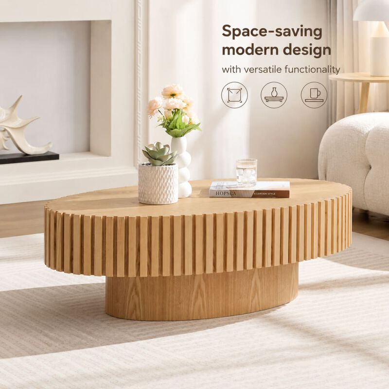 GOODSILO Modern Elliptical Drum Coffee Table with Sturdy Pedestal Base, 43.7 Inch Space Saving Oval Accent Table for Living Room and Bedroom Use image number 4