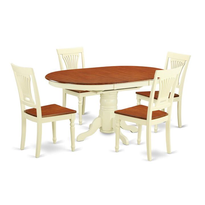 5 Pc Dining Table with Leaf and 4 Wood Kitchen Chairs in Buttermilk and Cherry