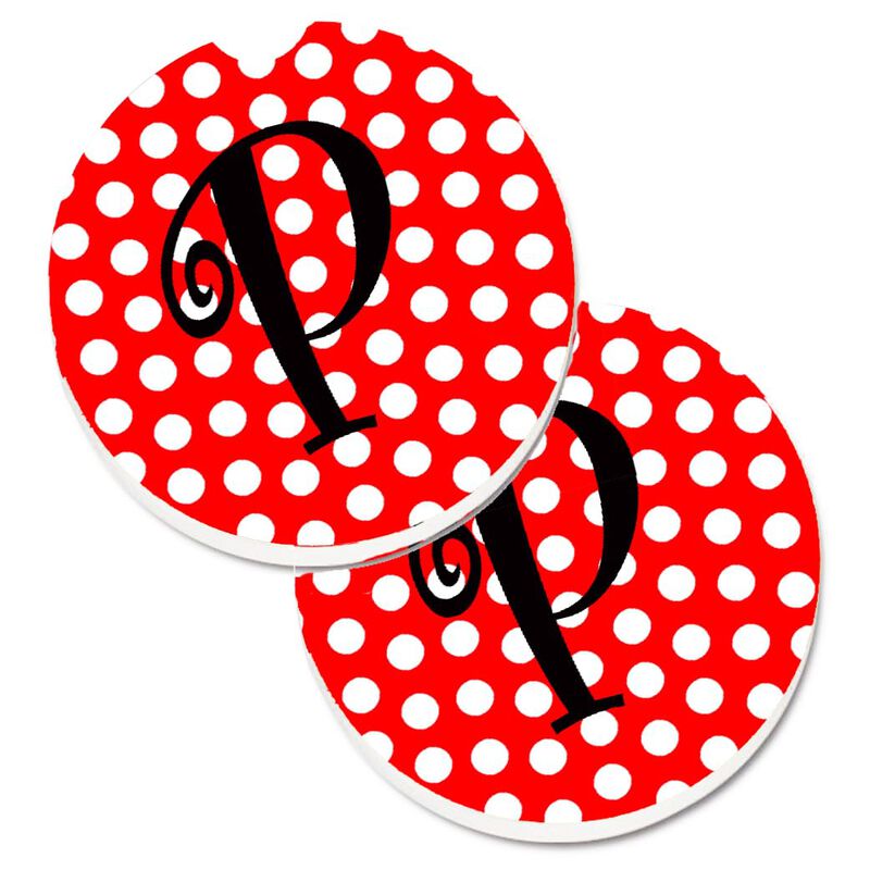 Caroline's Treasures Letter P Initial Monogram Red black Polka Dots Set of 2 Cup Holder Car Coasters CJ1012-PCARC, 2.56, Multicolor