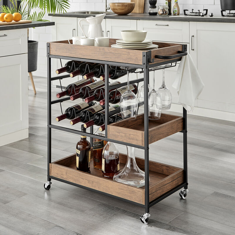 Rustic Walnut Veneer and Metal Rolling Farmhouse Wine Bar Cart with Wine Bottle and Glass Rack