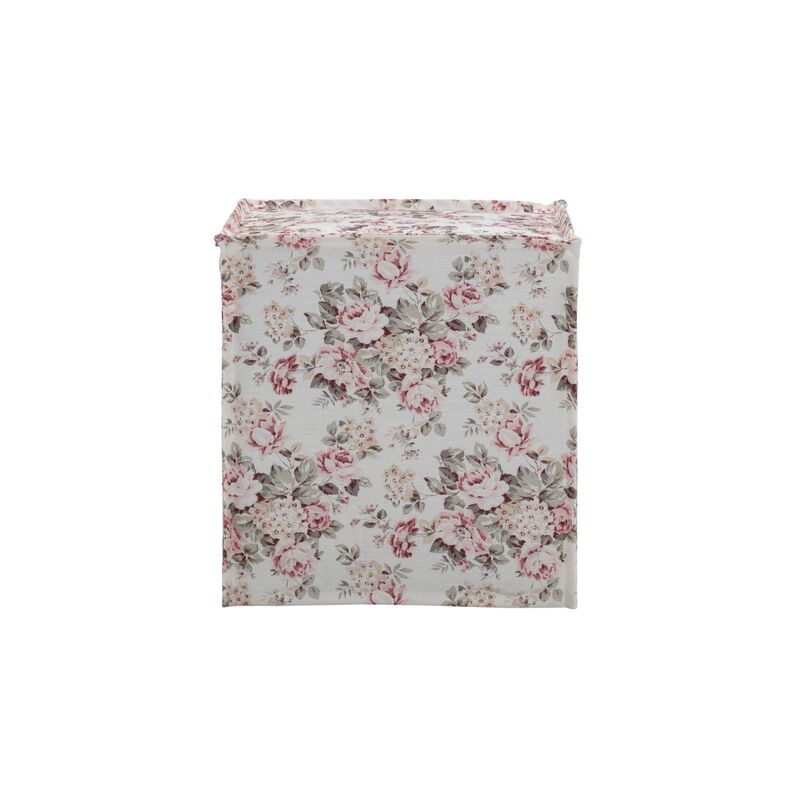 Homezia 18" Cottage Ivory and Pink 100% Linen Floral Ottoman