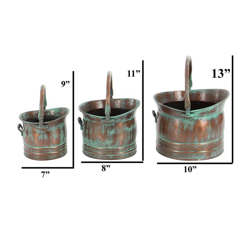 Tinged Metal Bucket Planter With Handles, Patina Rust Finish, Green, Set of 3-Benzara