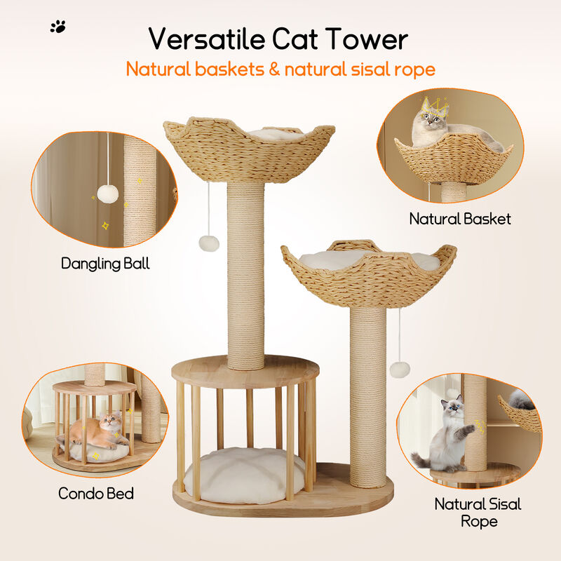 Wood Cat Tree Cat Tower for Indoor Cats w/Scratching Post Perches Hammock Condo image number 4