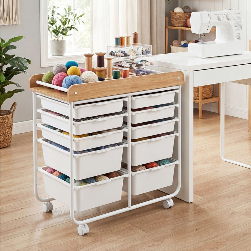 Office Rolling Storage Cart with 10 Drawers, Wooden Tabletop and Locking Wheels image number 3