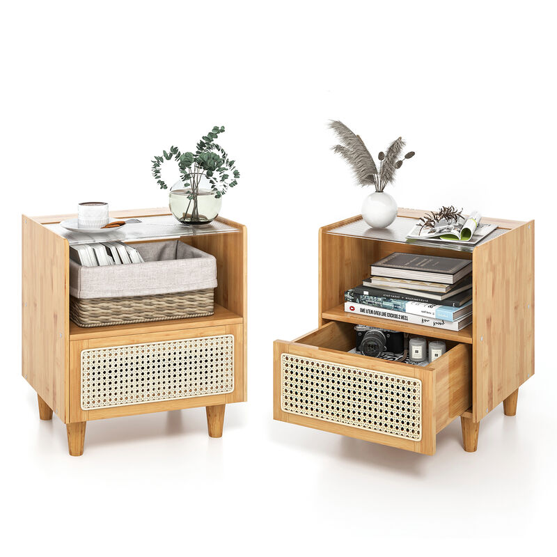 Set of 2 Bamboo Rattan Nightstand with Drawer and Solid Wood Legs