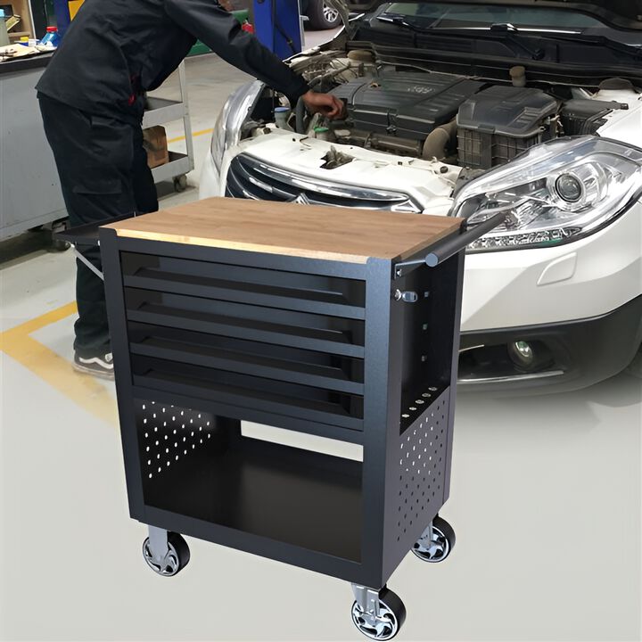 4-Drawer Rolling Tool Cart with Wooden Top Portable Storage Cabinet for Garage & Workshop