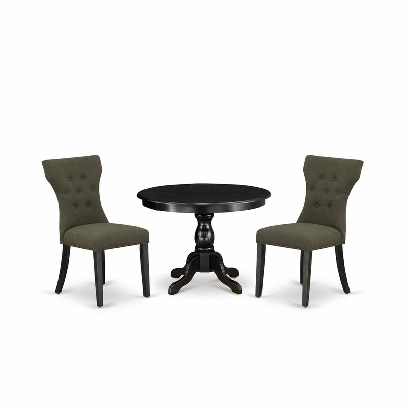 East West Furniture HBGA3-ABK-50 3 Piece Dining Table Set - Black Wood Table and 2 Dark Gotham Grey Linen Fabric Dining Chairs Button Tufted Back with Nail Heads - Wire Brushed Black Finish