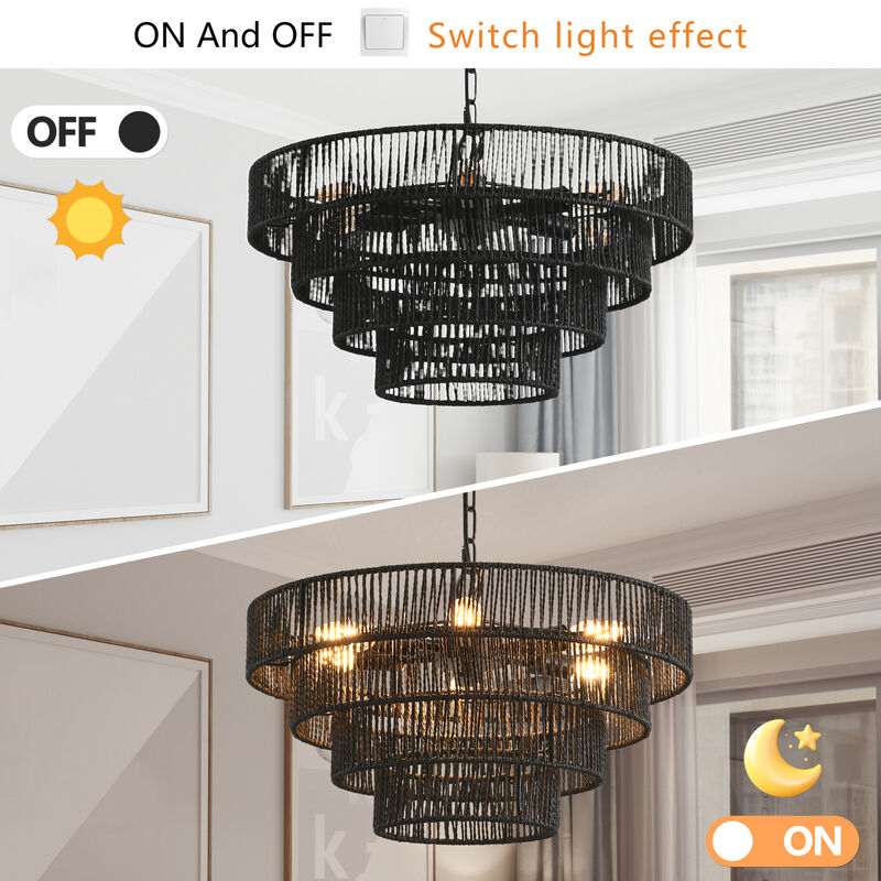 ELEMENT ACE Unique 4-Tier Hemp Rope Pendant Light Chandelier with Multi-Level Design for Ambient Dining Room or Kitchen Illumination image number 6