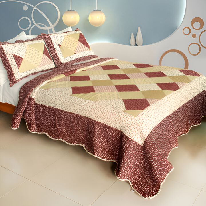 Queen Size Cotton 3-Piece Vermicelli Quilted Printed Quilt Set with Matching Pillow Shams