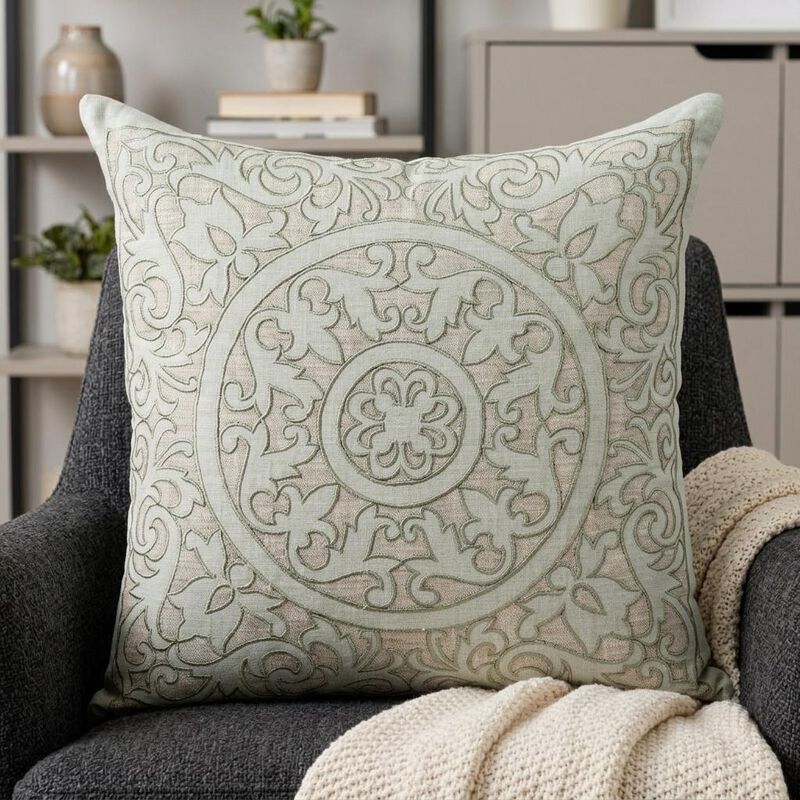 HomeRoots 22" Beige and Green Damask Linen Blend Throw Pillow with Embroidery and Applique image number 1