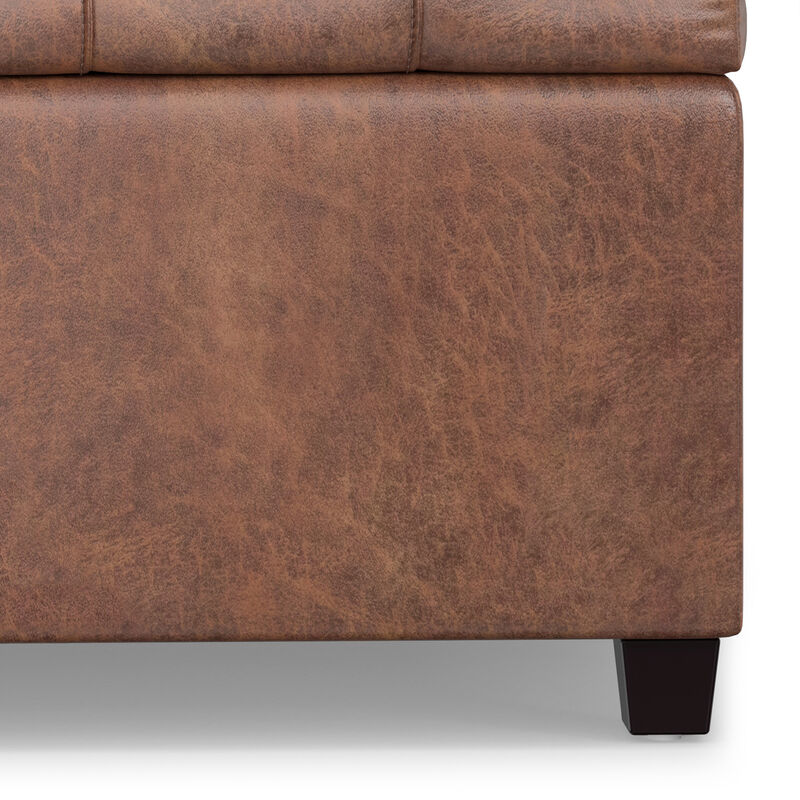 Sienna 33 inch Wide Transitional Rectangle Storage Ottoman Bench in Distressed Saddle Brown Vegan Faux Leather, Assembled
