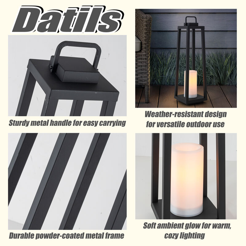 1 Light H24" Modern Matte Black Solar Lantern with Candle Shape Large Outdoor Light Decorative Portable Hanging LED Lights for Patio Camping image number 4