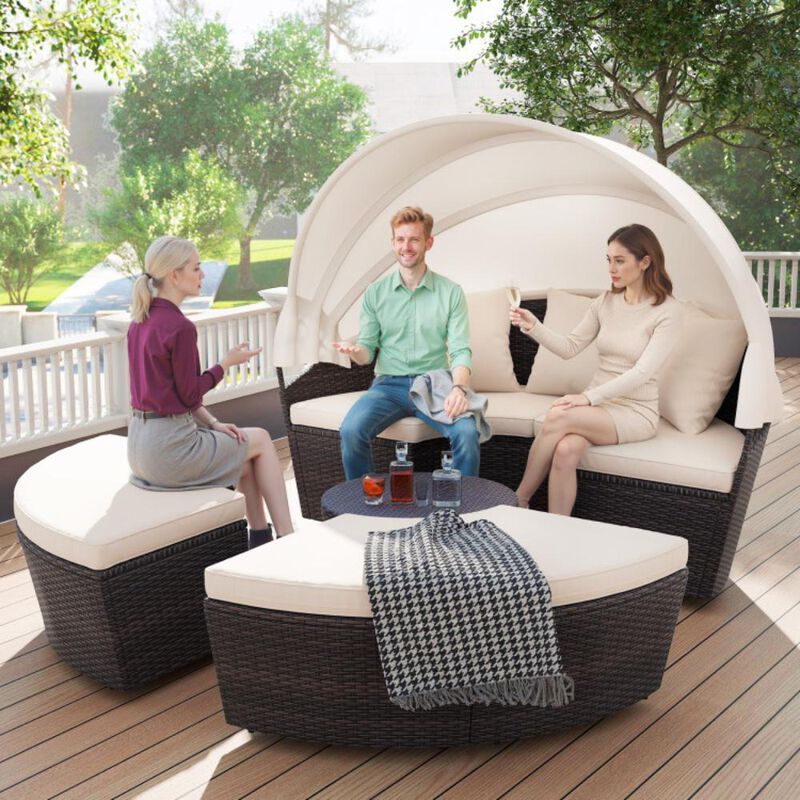 Hivvago Patio Round Daybed with Retractable Canopy-White