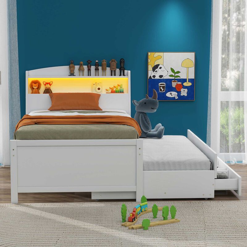 Merax White Platform Bed with LED Headboard, Trundle & Drawers image number 1