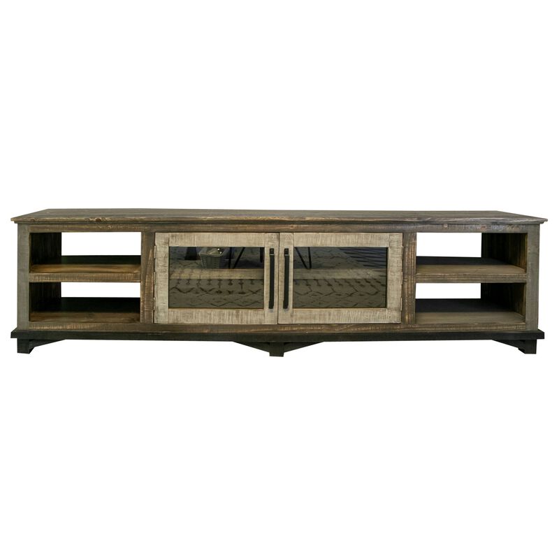 Peya 93 Inch TV Media Entertainment Console, Fixed Shelves, Glass Doors - Benzara