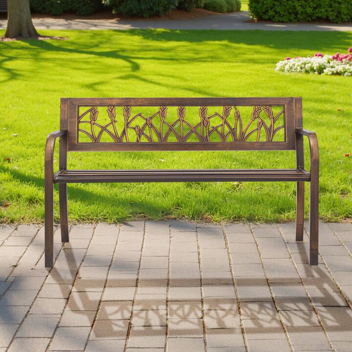 Antique Bronze Outdoor Bench with Floral Pattern, Metal Patio Garden Seating