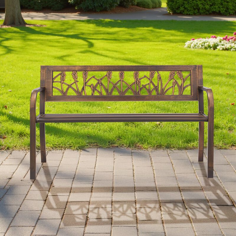 Antique Bronze Outdoor Bench with Floral Pattern, Metal Patio Garden Seating image number 1