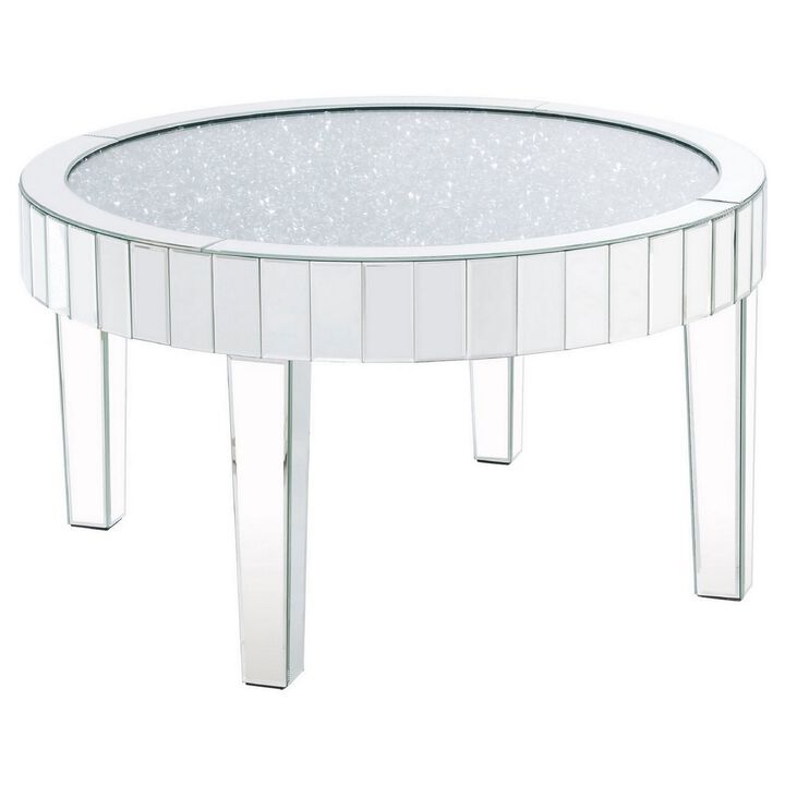 Coffee Table with Mirror Trim and Faux Diamond Inlays, Silver-Benzara