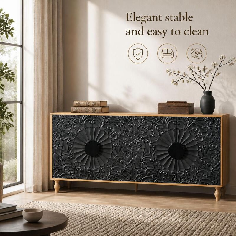 Carved Symmetrical Design Black Door TV Stand Table image number 4