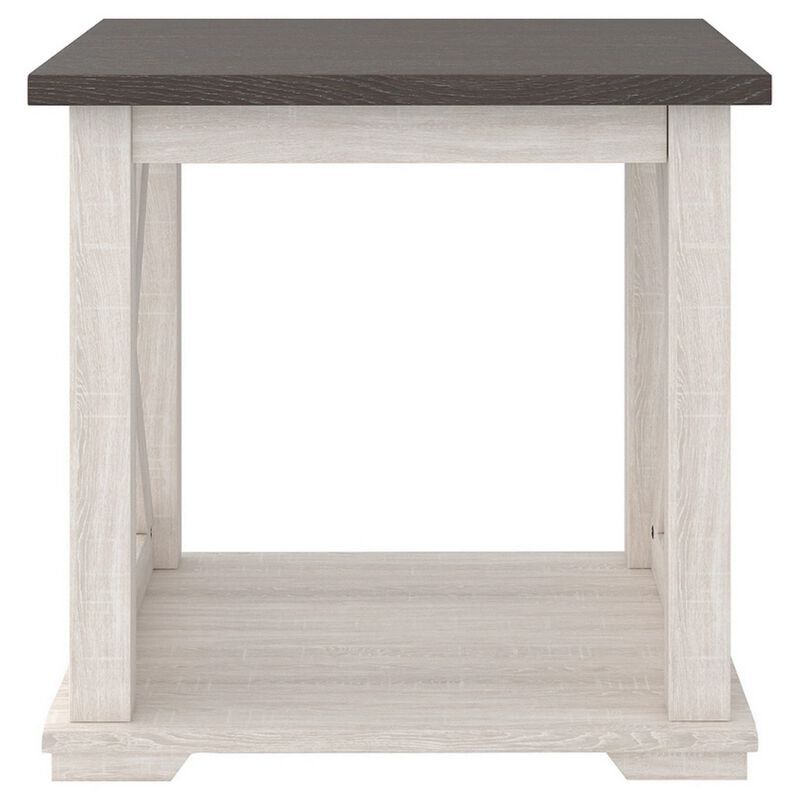 End Table with Bottom Shelf and Cross Buck Design, Gray and White-Benzara
