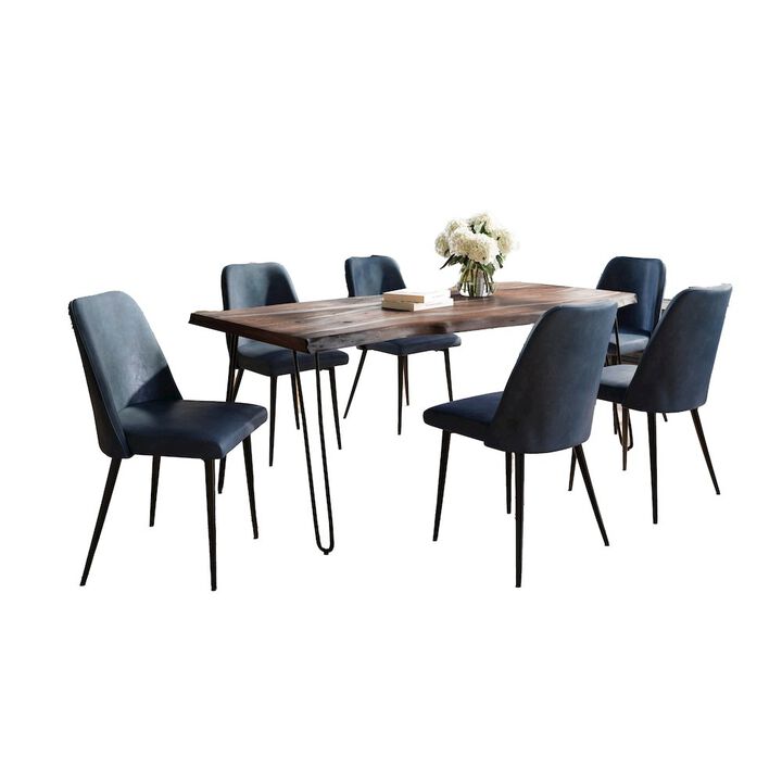 Jofran Seven Piece Solid Acacia Dining Set with Upholstered Mid-Century Modern Chairs