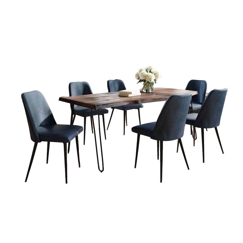 Jofran Seven Piece Solid Acacia Dining Set with Upholstered Mid-Century Modern Chairs