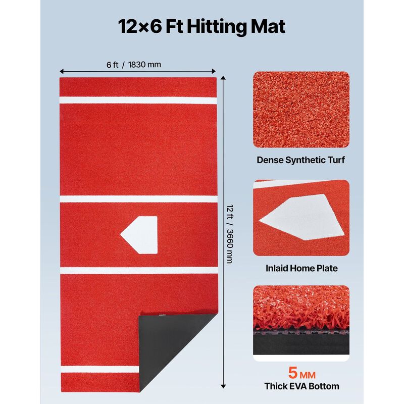 Baseball Hitting Turf Mat with Home Plate, Batting Training Equipment for Baseball & Softball-Red image number 2