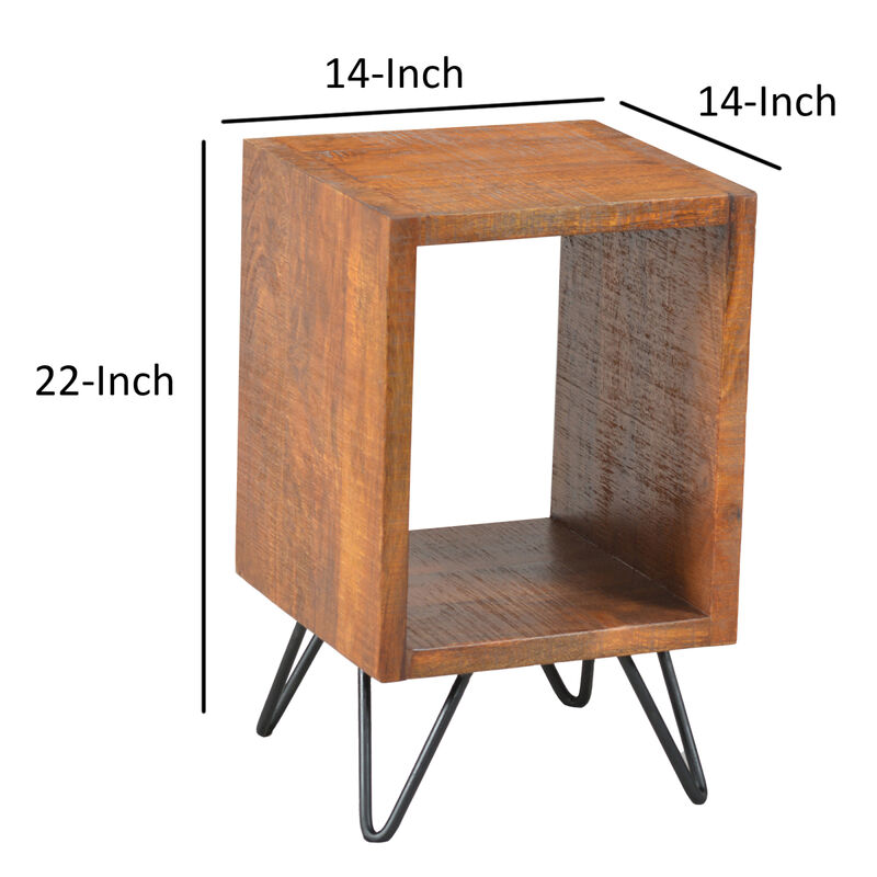 22 Inch Textured Cube Shaped Wooden Nightstand with Angular Legs, Brown and Black