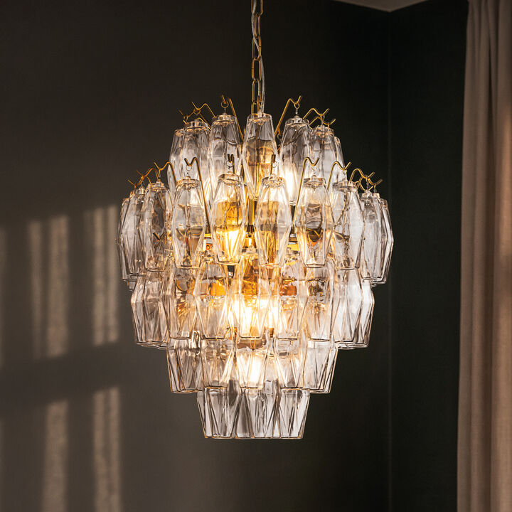 18'' Midcentury Modern Murano Glass Round Chandeliers 6-Light Handblown Glass Pendant Light Fixture Warm Brass Finish For Dining Room Living Room