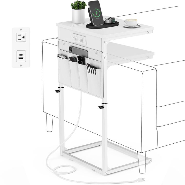 Vagusicc C Shaped End Table with Charging Station, 33""Tall Couch Side Table , Adjustable Height Small Couch Side Table for Smal