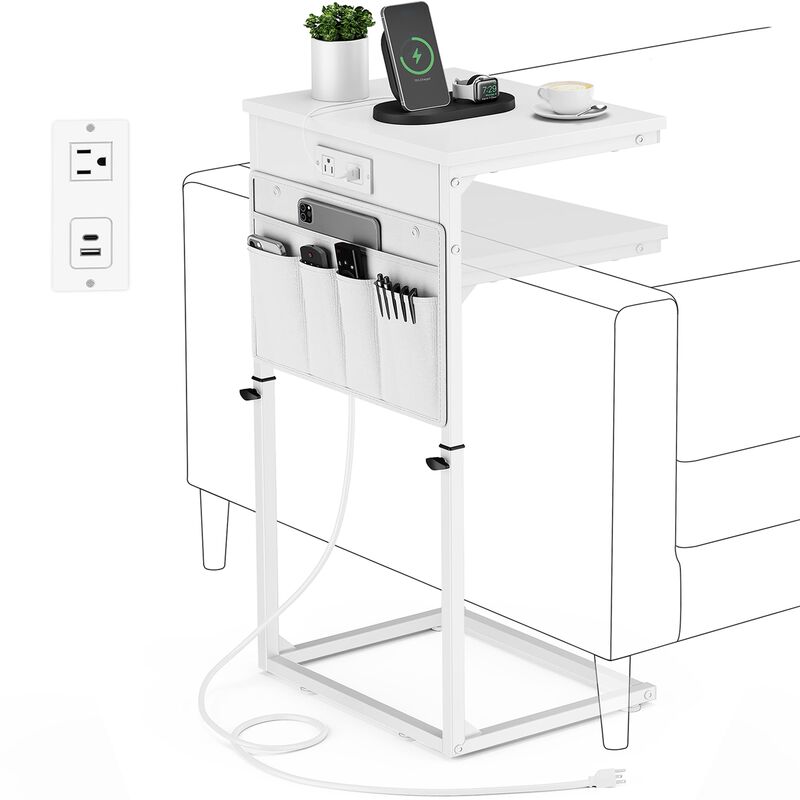 Vagusicc C Shaped End Table with Charging Station, 33""Tall Couch Side Table , Adjustable Height Small Couch Side Table for Smal