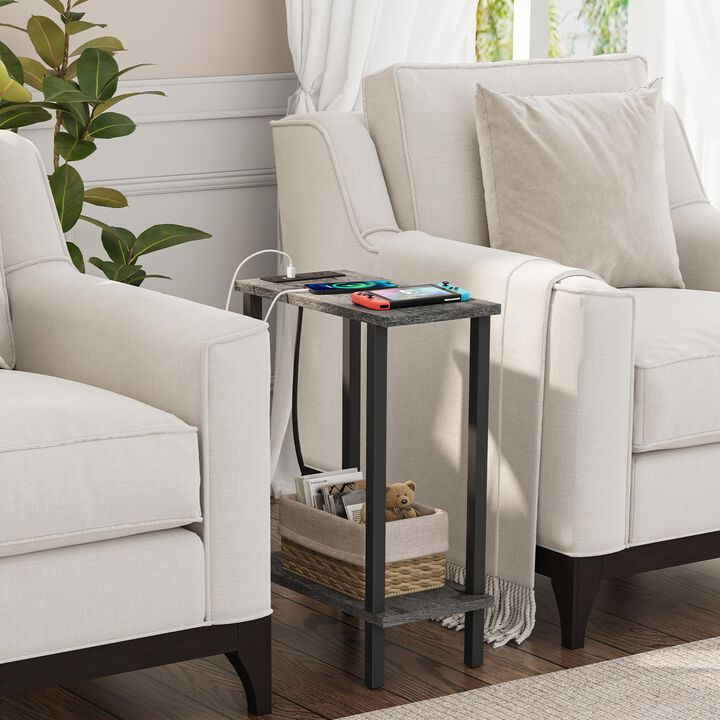 TUTOTAK Small End Table with Charging Station, Narrow Side Table with USB Ports and Outlets, Skinny Sofa Table, Slim Nightstand,