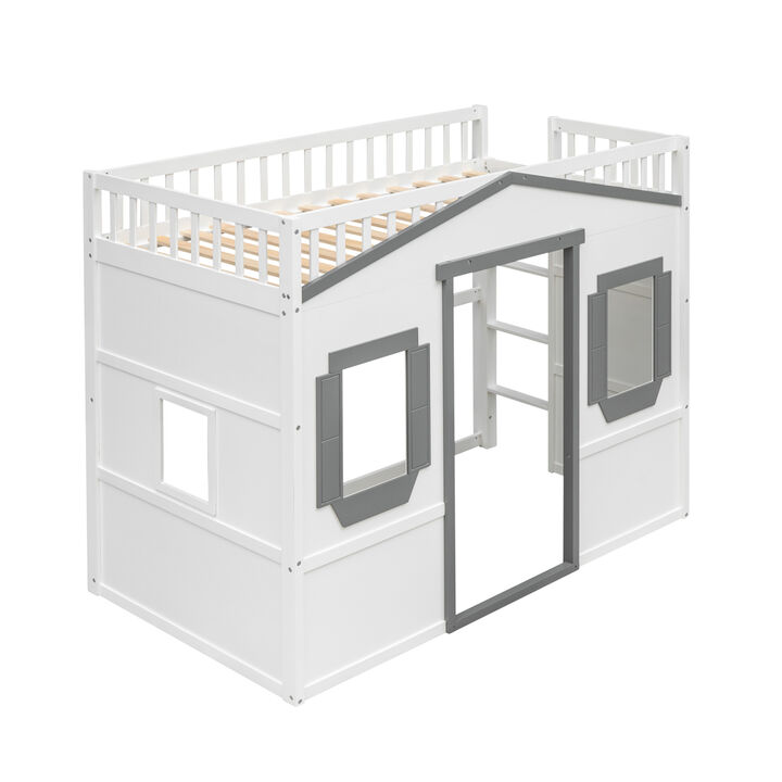 Twin Size House Loft Bed With Ladder-White+Gray Frame